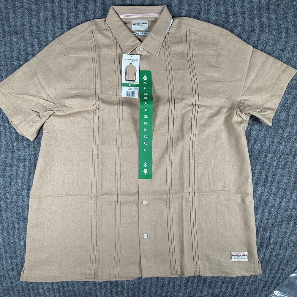 Scotch & Soda Shirt Mens XL Tan Linen Blend Short Sleeve Casual Button Up Woven